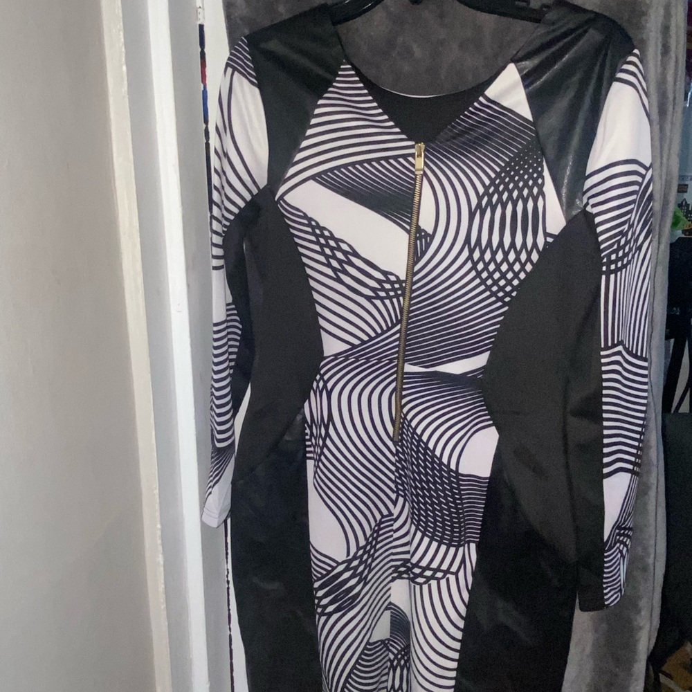 women black and white dress with patient leather sides back zipper